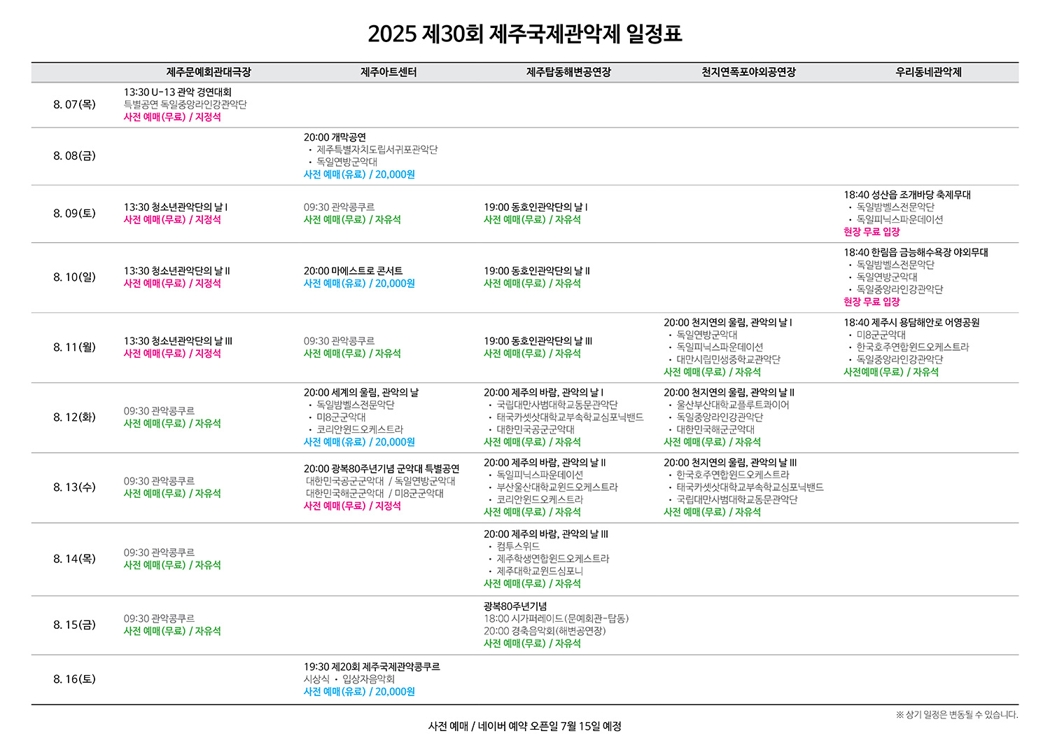 제주국제관악제 2025년도 전체일정(여름시즌)